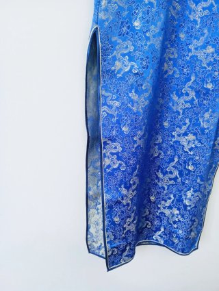 Qipao lungo vintage nuovo blu e dorato con draghi