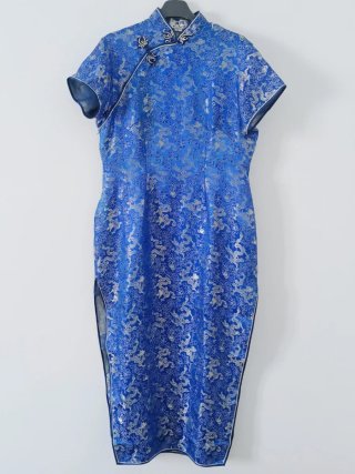 Qipao lungo vintage nuovo blu e dorato con draghi