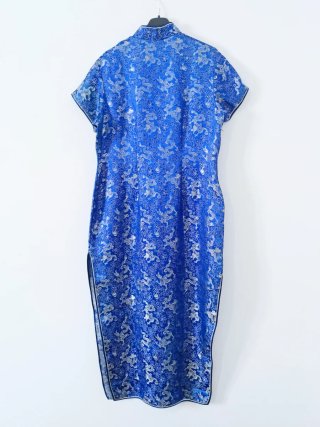 Qipao lungo vintage nuovo blu e dorato con draghi