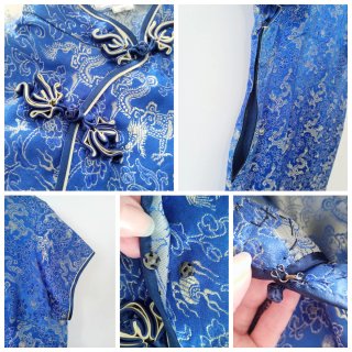 Qipao lungo vintage nuovo blu e dorato con draghi