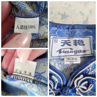 Qipao lungo vintage nuovo blu e dorato con draghi