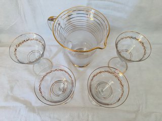 Caraffa e 4 Calici Cristallo Decorati Oro
