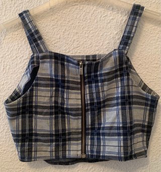 Top de cuadros azul y gris
