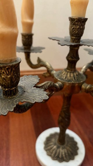 Pareja Candelabros Vintage Bronce y Mármol