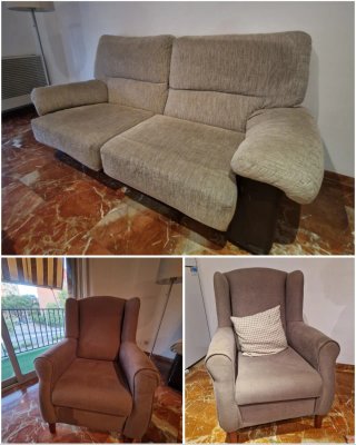 Sofá y 2 sillones tela beige/marrón