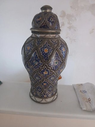 Jarrón Marroquí Cerámica Azul y Dorado