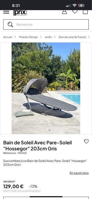 Tumbona Hossegor 203cm Gris con Parasol