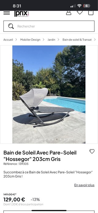 Tumbona Hossegor 203cm Gris con Parasol