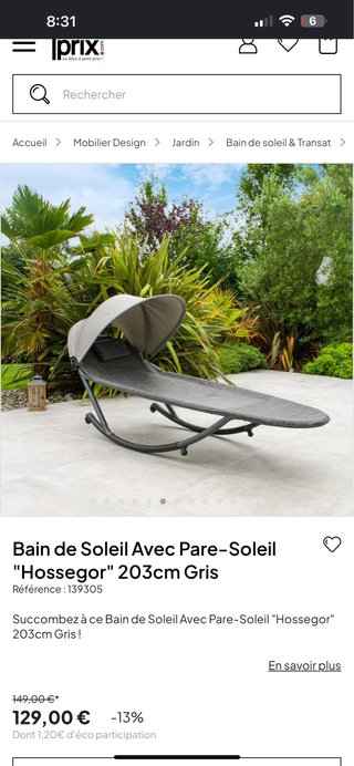 Tumbona Hossegor 203cm Gris con Parasol