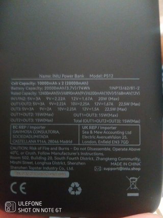 Power Bank INIU 20000mAh 22.5W Nero con ricarica rapida