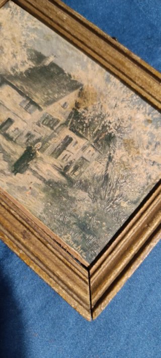 Pequeño Cuadro Antiguo Pintado a Mano Paisaje Firm