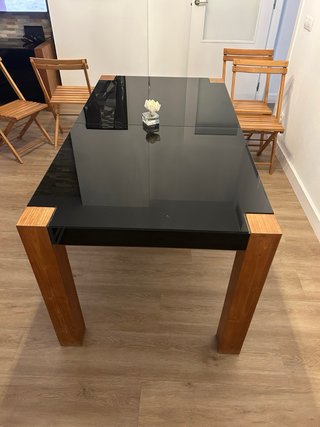 Mesa Comedor Cristal Negro y Madera Maciza