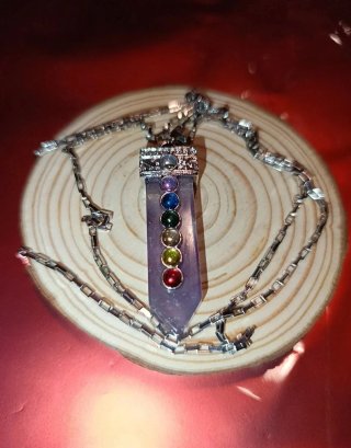 Collar Acero Plateado Amatista 7 Chakras 60cm