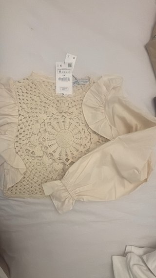 Top Zara Ganchillo Mangas Algodón Beige Talla M
