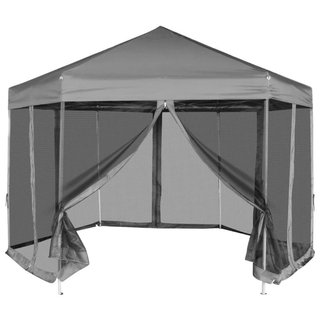 Gazebo Esagonale Pop-Up con 6 Pareti Grigio e Nero 3,6x3,1 m