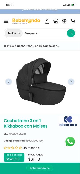 Coche Bebé Kikkaboo 3 en 1 con Moisés