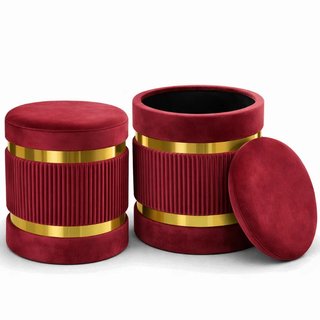 Set 2 Pouf Contenitore Bordeaux con Rivestimento Velluto