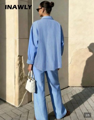 Set de camisa y pantalón a rayas Azul casual mujer