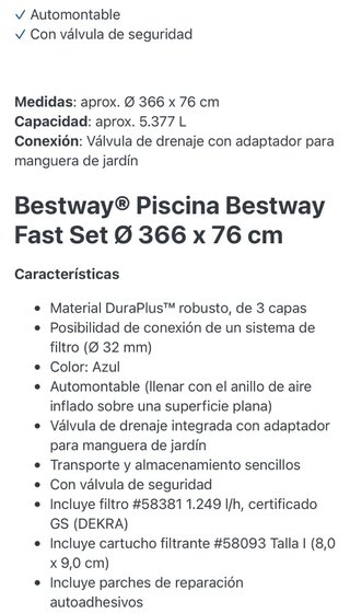 Piscina Bestway Fast Set 366x76 cm