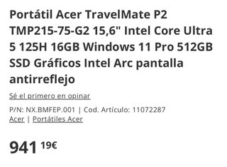 Portátil Acer TravelMate P2 Intel Core Ultra 5