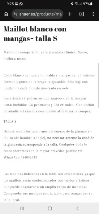 Maillot Gimnasia Rítmica Nuevo Blanco Talla S