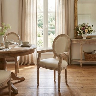 Sedia in Legno con Braccioli Tessuto Beige Vintage