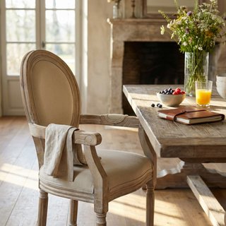 Sedia in Legno con Braccioli Tessuto Beige Vintage