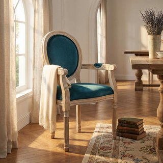 Sedia Vintage con Braccioli in Legno e Velluto Blu