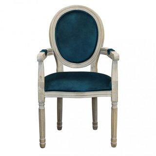 Sedia Vintage con Braccioli in Legno e Velluto Blu