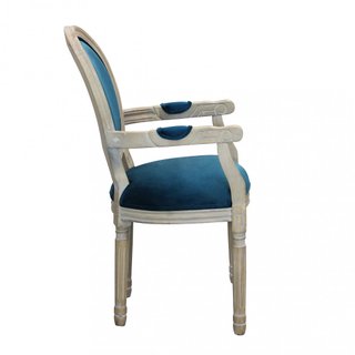 Sedia Vintage con Braccioli in Legno e Velluto Blu
