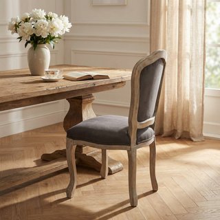 Sedia da Pranzo in Legno e Velluto Taupe Vintage