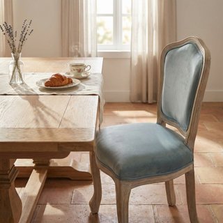 Sedia da Pranzo in Legno e Velluto Grigio Vintage