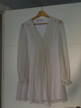 Vestido Zara Blanco Manga Larga Lunares XS plisado