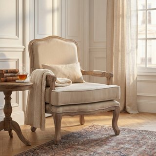 Poltrona Classica Imbottita Tessuto Beige e Legno