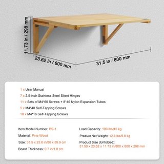 Tavolo Pieghevole a Parete, Tavolo Foglia Caduta 31.5" x 23.62" a Parete, Scrivania Galleggiante in Legno con Supporto in Ferro, Scrivania Pieghevole per Piccoli Spazi, Ufficio...