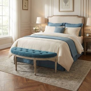 Panca Fondo Letto Imbottita in Legno e Tessuto Blu