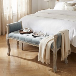 Panca Fondo Letto Classica Legno e Velluto Grigio