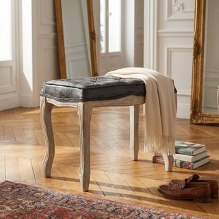 Sgabello Imbottito Ecopelle Vintage Grigio e Legno
