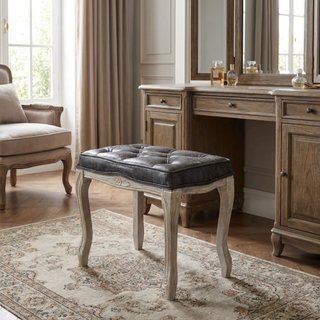 Sgabello Imbottito Ecopelle Vintage Grigio e Legno