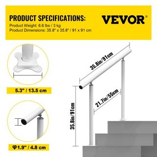 Pasamanos para Escaleras Exteriores, 3 pies, Pasamanos Exterior Blanco de 34 Pulgadas, Pasamanos Ajustable de 0 a 60 Grados para Escaleras Exteriores, Pasamanos de Aluminio Blanco para Jardín