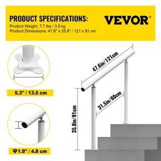 Pasamanos para Escaleras Exteriores, 4 pies, Pasamanos Exterior Blanco de 34 Pulgadas, Barandilla Ajustable de 0 a 60 Grados para Escaleras Exteriores, Barandilla de Aluminio Blanco para Jardín