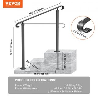 Pasamanos de Hierro Forjado, Adecuado para 2 o 3 Escalones Barandilla de Escalera Exterior, Pasamanos Ajustable para Porche Frontal, Barandillas Negras Transicionales para Escaleras de Concreto o ...