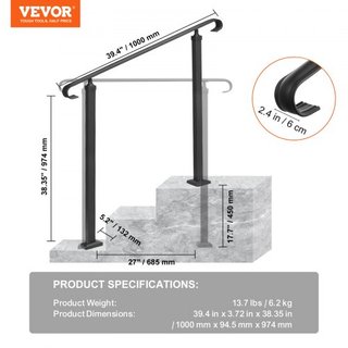 Pasamanos de Hierro Forjado, Adecuado para 1 o 2 Pasos Barandilla de Escalera Exterior, Pasamanos Ajustable para Porche Frontal, Barandillas Negras Transicionales para Escaleras de Concreto o de M...