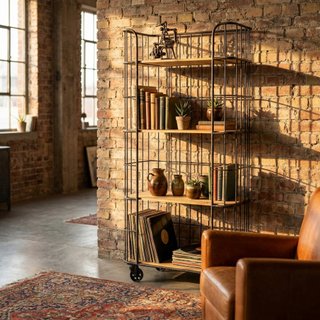 Scaffale con Ruote in Metallo 4 Ripiani in Legno