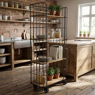 Scaffale con Ruote in Metallo 4 Ripiani in Legno