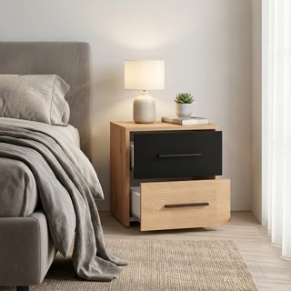 Comodino 2 Cassetti Rovere Chiaro e Nero 42x42cm