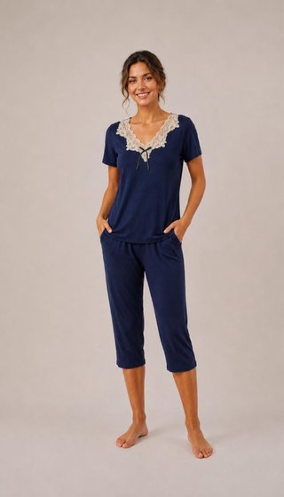 Pigiama pinocchietto blu con pizzo