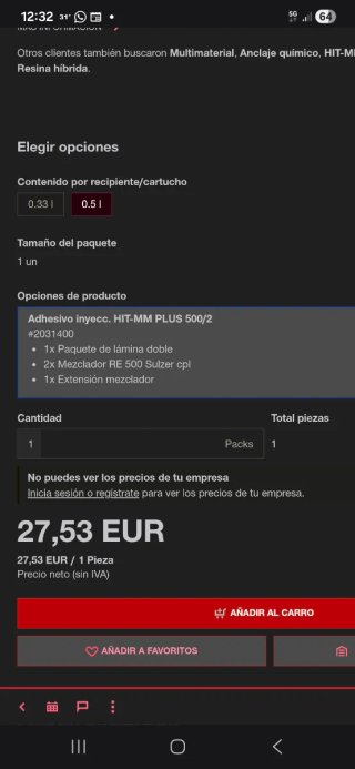 Lote (4X) Hilti HIT-MM PLUS 500ml