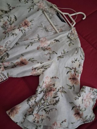 Blusa Zara Lino Estampada Talla S. Azul y estampad