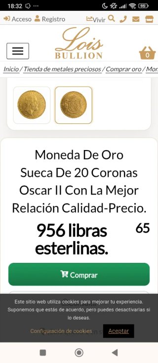 Moneda de Oro Suecia 20 Koronas 1889